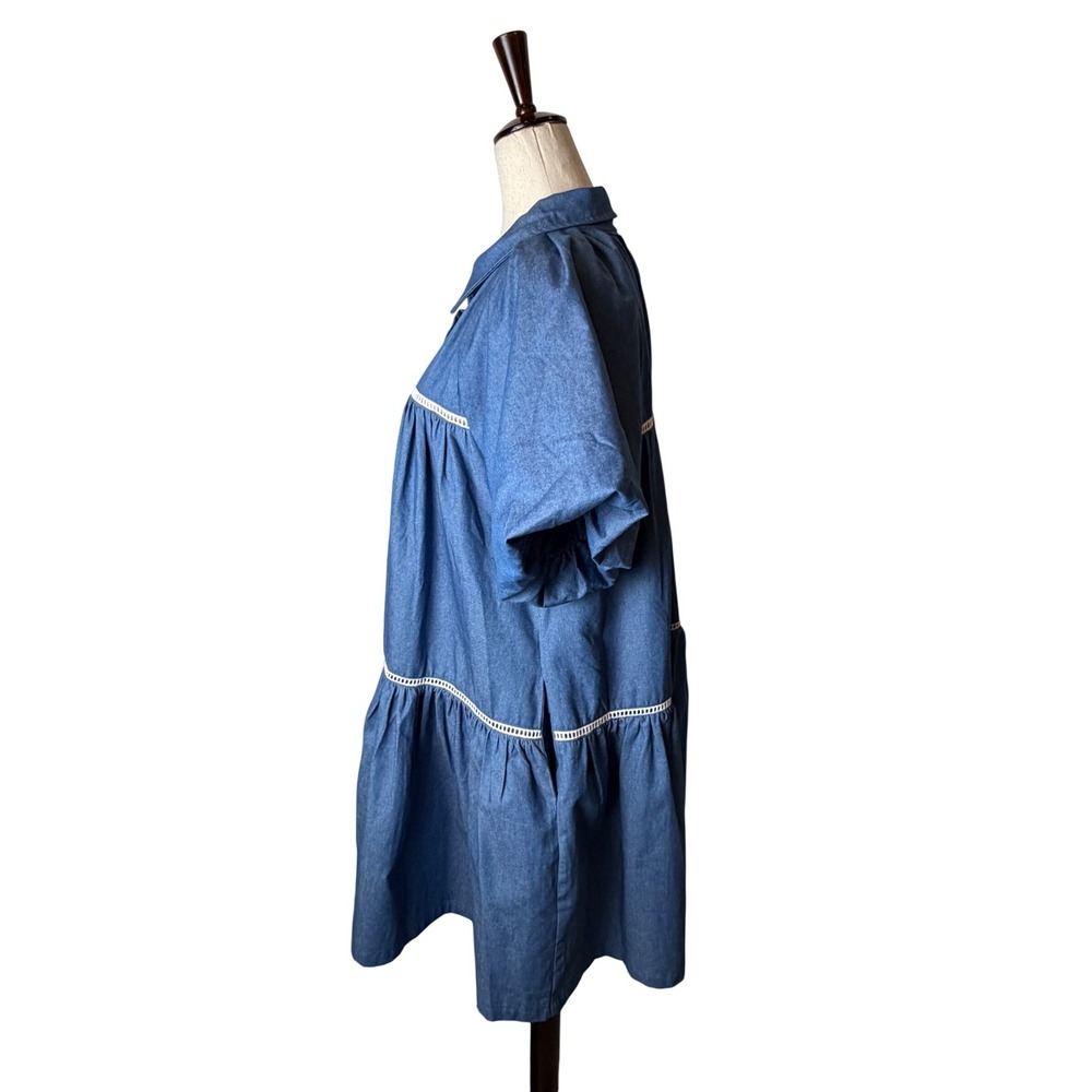 En Saison Tara Tiered Cotton Trapeez Shirtdress Women Medium Blue Mini Bohoi - Picture 7 of 11